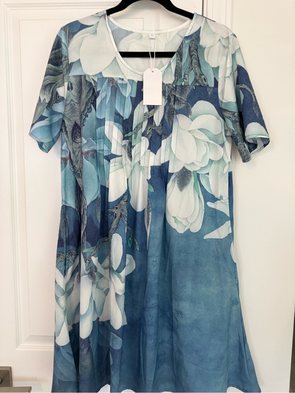 Blue Floral Midi Dress with Pleated Front